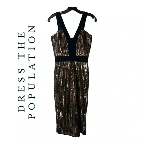 DRESS THE POPULATION SLEEVELESS SEQUINS COVERED MIDI LENGTH DRESS SIZE‎ XSMALL - Picture 1 of 9